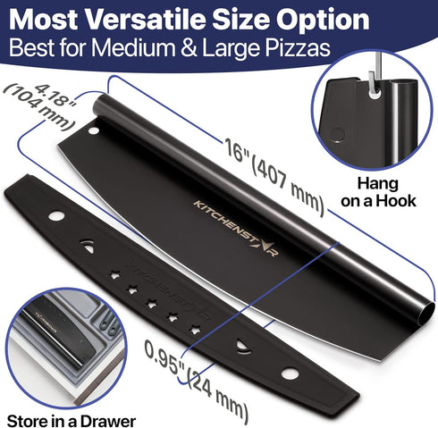 KitchenStar 16-Inch Pizza Cutter Rocker Blade - Sharp Stainless Steel Slicer Knife, Protective Cover, Black Nonstick, Large - Professional Pizza O...