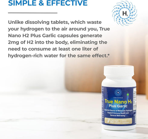 True Nano H2 with Garlic by H2 Universe | Molecular Hydrogen with Active Hydrogen Nanobubbles, Boosts Energy, Powerful Antioxidant| 60 Capsules...