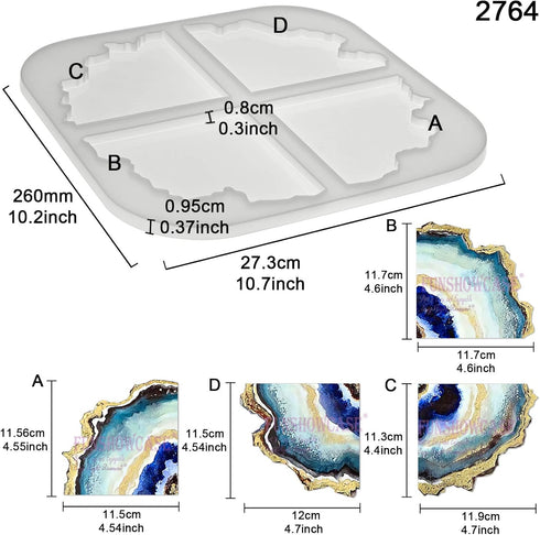 FUNSHOWCASE Agate Coaster Epoxy Resin Silicone Mold Round Geode Stone Slice Segments 4 Irregular Shapes Large 10.7x10.2x0.4inch...