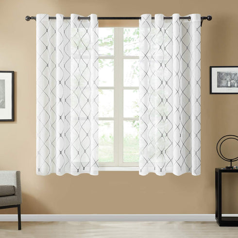 Top Finel Short Sheer Curtains 45 Inch Length for Bathroom,Privacy White and Gray Embroidered Diamond Grommet Window Treatments Curtains for Livin...