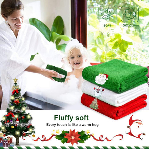 Embroidered Christmas Towels, 3-Pack Gift Set; 100% Cotton, Multi-Purpose Hand & Dish Towels for Kitchen & Bath by LUOWAN...