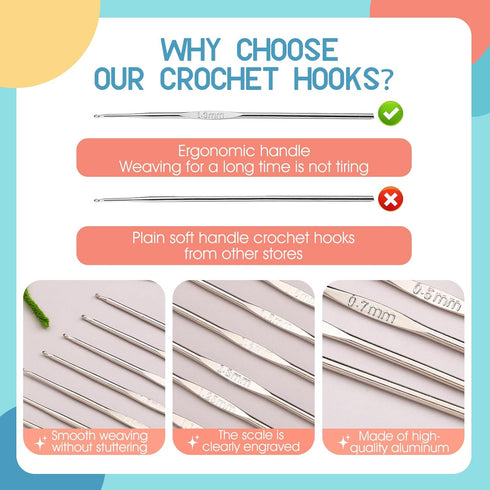 BAGERLA 14 Sizes Crochet Hooks(0.5-1.9mm), Iron Ergonomic Crochet Hooks Set with Big Eye Yarn Needle and Stitch Markers Clip Extra Long Crochet Ne...