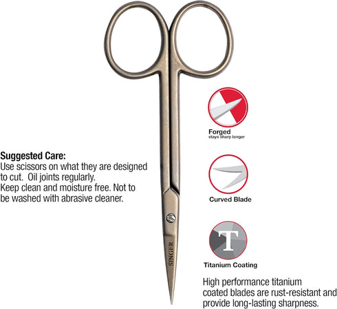 SINGER Set of 2 Scissors - 4 Inch Forged Embroidery Scissors with Curved Tip for Sewing, Cross-Stiching, Crafts, & More (Titanium Coated & Extra C...