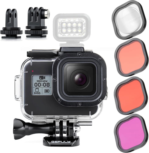 Waterproof Case for GoPro Hero 8 Black with 4-Pack Dive Filter, 60M Underwater Diving Housing Case with Red, Light Red, Magenta, Close-up Filters ...