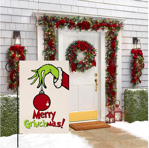 Grinch Merry Christmas Small Garden Flag Vertical Double Sided Burlap Red Green Yard Outdoor Decoration 12 x 18 Inches...