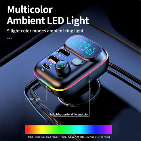 Bluetooth Adapter for Car, Wireless FM Radio Transmitter, Wireless Bluetooth 5.0, MP3 Music Player, QC3.0 + PD 20W USB Car Charger, 7 Colors LED B...