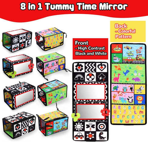 Tummy Time Floor Mirror with Teethers, Double-Sided Baby Mirror Black and White High Contrast Baby Toys for Babies, Baby Montessori Toys Crawling ...