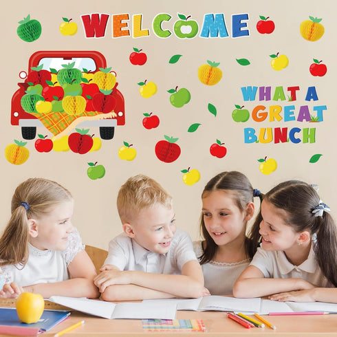 94Pcs Apple Bulletin Board Decoration Set Motivational Fruit Cut-Outs Welcome What A Great Bunch Red Truck Cut Out Apple Honeycomb Balls Border Tr...