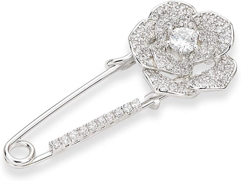 Silver Tone Sparking Micro Pave Layered Petal CZ Rose Flower Cardigan Sweater Safety Pin Brooch...