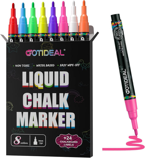 GOTIDEAL Chalk Markers, Extra Fine Tip Washable Chalkboard Markers, Car Window Markers,for Blackboard, Glass & Bistro, Non-Toxic, Erasable Paint C...