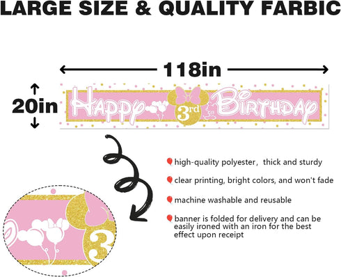 Minnie Happy 3rd Birthday Banner Decorations Cartoon Theme Large Happy Birthday Yard Banner Sign Party Supplies for Girls 3rd Birthday Indoor Outd...