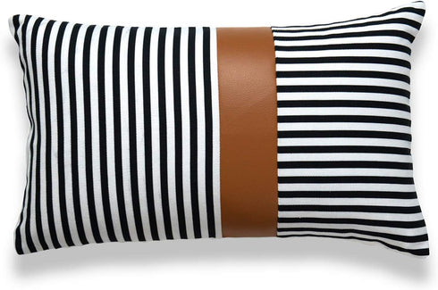 Hofdeco Faux Leather and 100% Cotton Pillow Cover Only, Camel Black Modern Design Stripes, 12"x20"...
