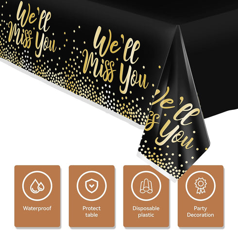 3 Pack We Will Miss You Black and Gold Plastic Tablecloths, Disposable Party Table Cloths, Dot Confetti Covers for Retirement Awaits Bye Office Wo...