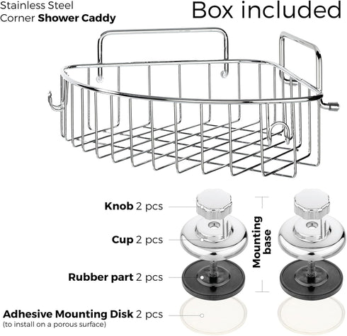 Corner Shower Caddy with Suction Cups and 3M Adhesive Mounting Discs for Porous Surfaces - Stainless Steel Basket for Bathroom Storage (Chrome)...