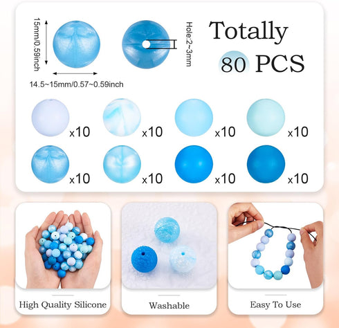 80Pcs Blue Silicone Focal Beads 15mm Round Ball Beads Chunky Kandi Beads Spacer Pen Beads for Crafts DIY Beadable Pens Keychain Bracelets Jewelry ...