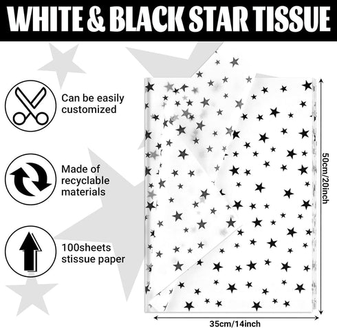 Bolsome 120 Sheets 20 * 14 Inches White Tissue Paper with Black Stars, Black Star Tissue Paper for Gift Wrapping, Black Stars Tissue Paper for Gif...