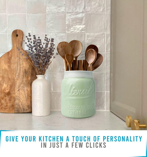 Comfify Wide Mouth Mason Jar Utensil Holder Decorative Kitchenware Organizer Crock, Dishwasher Safe - Kitchen Caddy Green, Large Size 7" Hight...