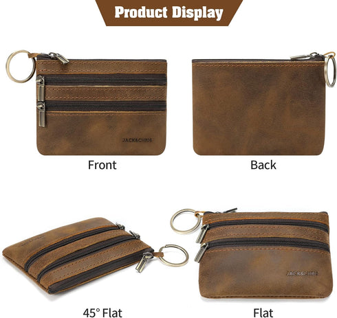 Jack&Chris Coin Purse Pouch for Men, Genuine Leather Coin Purse Zipper Pocket with Keychain Ring, Coin Bag for Men,JC301-8...