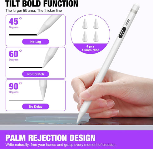 Stylus Pen for Apple iPad,X-fast 10 mins Charging,Battery Display for iPad Stylus Pencil compatible with iPad 6/7/8/9/10th,iPad Pro 11/12.9",iPad ...