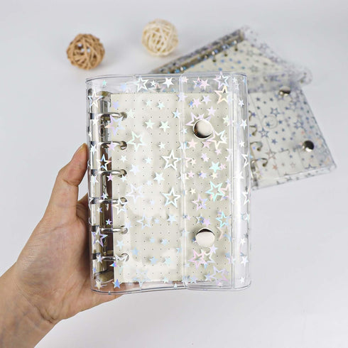 A7 Budget Binder Cover Clear PVC 6 Ring Binder Glitter Star Refillable Notebook Shell Protector with 2 Snaps for Cash Envelopes System Journal Alb...