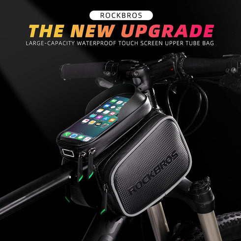 ROCKBROS Bike Bag Waterproof Top Tube Phone Bag Front Frame Mountain Bicycle Touch Screen Cell Phone Holder Pouch Compatible with iPhone X, 8 Plus...
