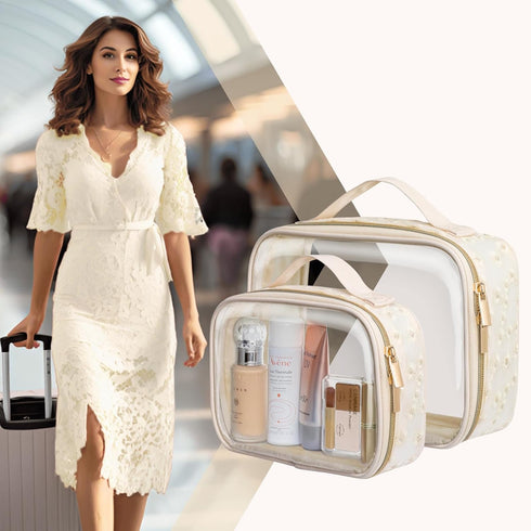 PACKISM Floral Texture Lace TSA Approved Toiletry Bag - 180° Large Opening Clear Makeup Bags for Traveling, in 2 Size TSA Liquid Bag with Handle, ...