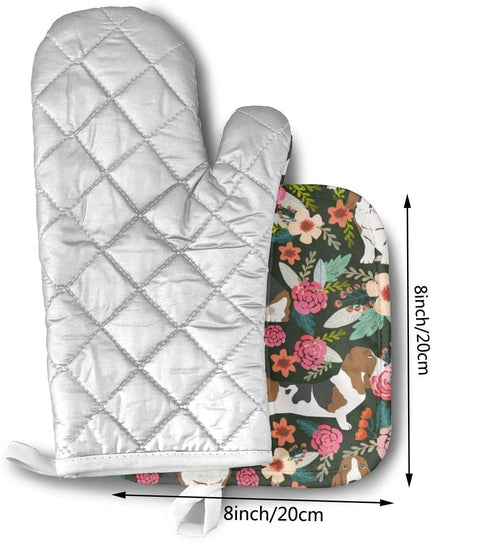 Basset Hound Florals Oven Mitts and Pot Holders, Heat Resistant Kitchen Bake Gloves Safe Mats 2 Pieces, Soft Cotton Lining with Non-Slip Surface f...