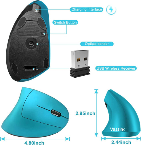 Vassink Ergonomic Wireless Mouse, Rechargeable Mouse 2.4Hz Vertical Wireless Optical Mice with USB Receiver, 6 Buttons for PC,Laptop,etc Blue...