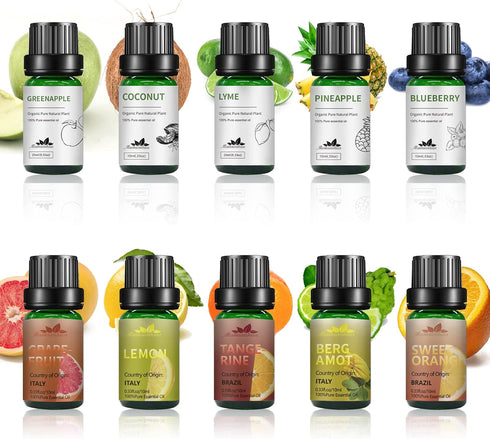 Fruity Essential Oil Set 10x10 ml Aromatherapy Essential Oils Pack for Diffuser, Soap, Candle Making(Green Apple,Coconut,Pineapple,Blueberry,Grape...