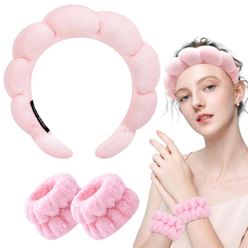 Spa Headband for Washing Face Wristband Sponge Makeup Skincare Headband Terry Cloth Bubble Soft Get Ready Hairband for Women Girl Puffy Padded Hea...