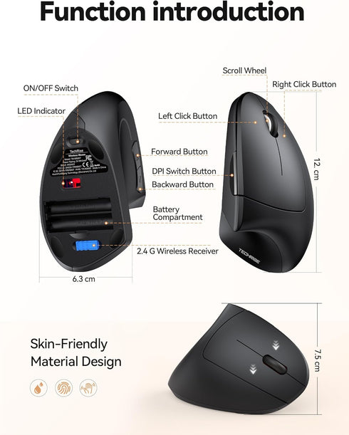 Ergonomic Mouse, 2.4GHz Optical Vertical Mouse with 5 Adjustable DPI Levels, Up to 4800 DPI, Silent Wireless Mouse with 6 Ergonomic Buttons for La...