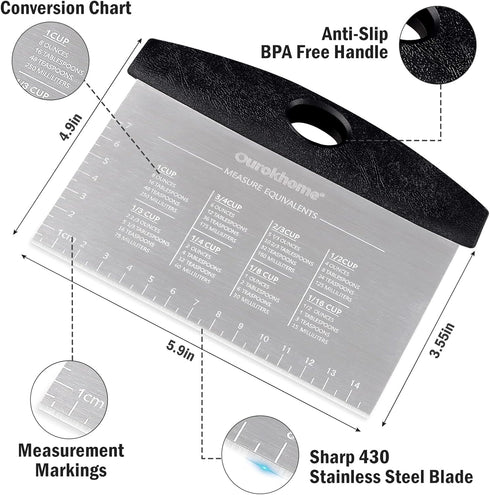 Ourokhome Dough Pastry Bench Cutter Scraper, Stainless Steel Pizza Cutter for Kitchen Baking, Dishwasher Safe, Anti-Wear Laser-Engraved Measuring ...
