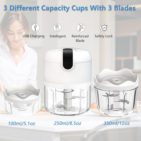 (100+250+350ML) White 3 CUP Cordless Mini Food Chopper,Small Food Processor for Garlic,Nut,Meat...