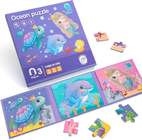 Magnetic Puzzles for Kids Ages 3 4 5, Ocean Mermaid Puzzles 16-20-25 Piece Jigsaw Puzzles for Toddler, Preschool Animals Puzzles Floor Magnetic Ki...