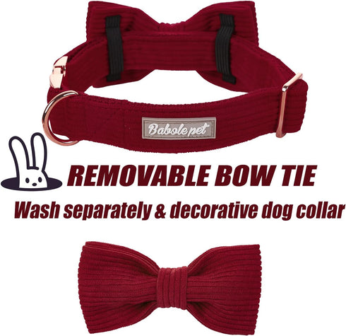 Wine Red Dog Collars for Small Dog,Cute Corduroy Dog Collar with Bow Tie Safety Metal Buckle Adjustable Puppy Collars for Small Medium Large Boy&G...