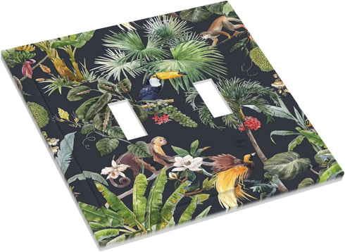 Floral Tropical Jungle Animals Double Toggle Light Switch Cover Decorative Palm Trees 2 Gang Wall Plate Electrical Faceplate for Bathroom Home Liv...