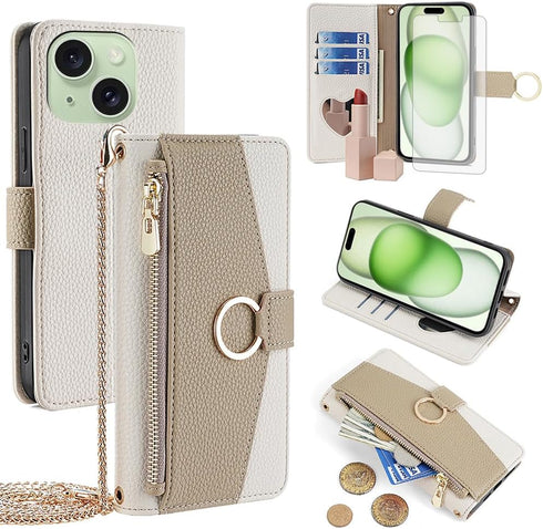 Asuwish Phone Case for iPhone 15 Plus 6.7 inch Wallet Cover with Screen Protector and Mirror Flip Cover Ring Card Holder Crossbody Strap Cell i-Ph...