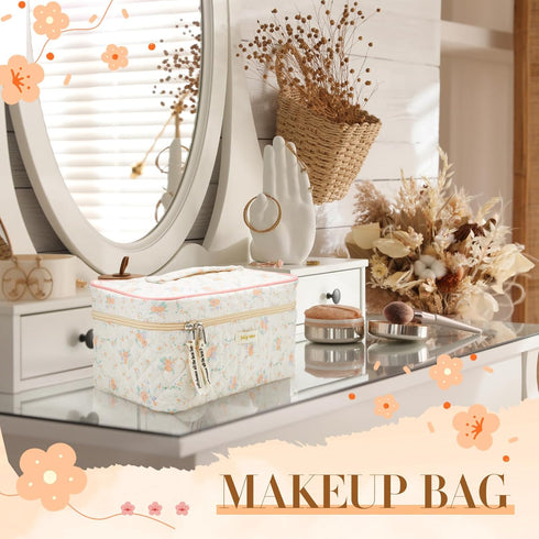 3 Pcs Quilted Makeup Bag Large Cosmetic Bag Floral Makeup Bag Travel Aesthetic Cute Kawaii Toiletry Cosmetic Pouch with Zipper for Women Gifts Hom...