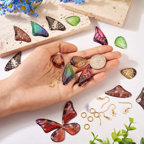 FASHEWELRY Resin Butterfly Wing Earring Making Kit 24pcs Fairy Wing Charms with Gold Foil & 20pcs Ear Hooks & 30pcs Jump Rings for Bohemia Drop Ea...