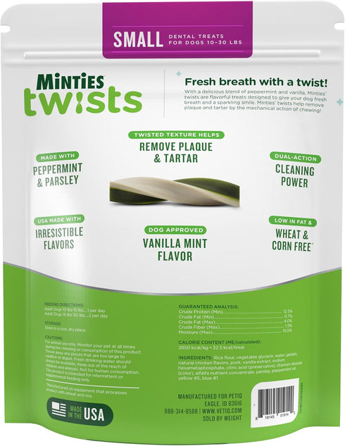 Minties Dental Twists for Dogs, Vet-Recommended Vanilla-Flavored Dental Chews for Tiny/Small Dogs 5-39 lbs, Dental Treats Clean Teeth, Fight Bad B...