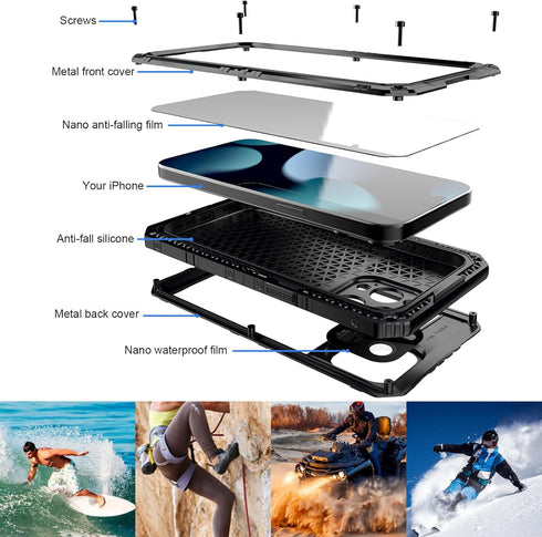 Marrkey Waterproof Case for iPhone 15 Pro Max, Heavy Duty Durable Metal Full Body Built-in Screen Protection Case Shockproof Dustproof Rugged Mili...