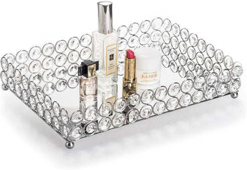Feyarl Crystal Vanity Makeup Perfume Tray Ornate Jewelry Trinket Organizer Cosmetic Decorative Tray Skin Care Storage for Home Dressing Table Wedd...