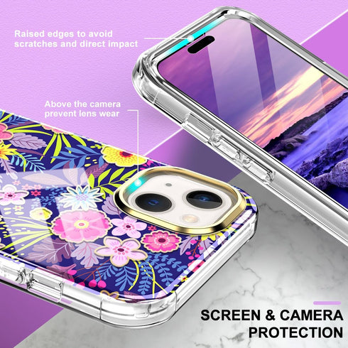 STERKER Compatible for iPhone 15 Case, Full Body Rugged Floral Pattern Case with Built-in Touch Sensitive Screen Protector, Soft TPU Bumper Case f...