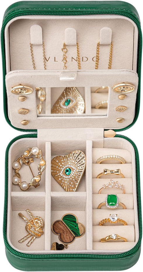 Vlando Small Travel Jewelry Box Organizer - Mirrored Jewelries Necklaces Rings Earrings Necklace Storage Case, Dark Green...