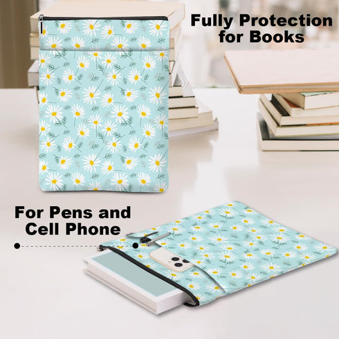 Daisy Pattern Book Lovers Gifts Waterproof Book Sleeve Book Pouch Book Protector with Zipper and Front Pocket BookCover Case for Women Girl Reader...