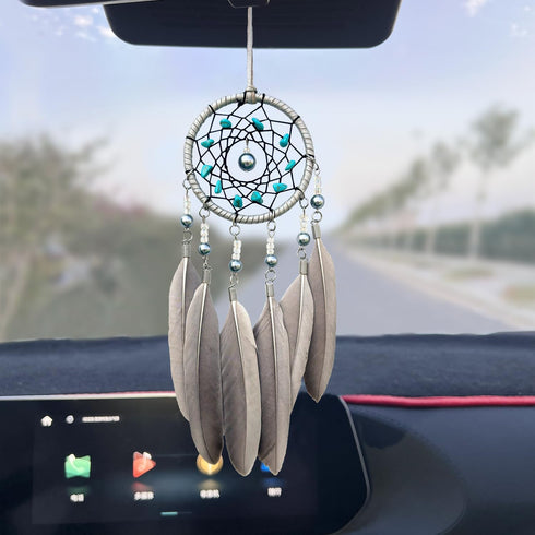 Small Dream Catchers for Cars Rear View Mirror, Handmade Car Charm Pendant Gray Feather and Turquoise Dream Catcher for Car Wall Bedroom Hanging D...