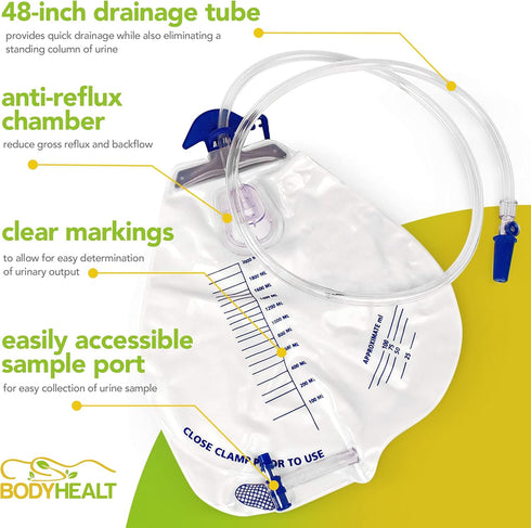 BodyHealt Foley Catheter Bag - Urinary Drainage Bag with Anti-Reflux Chamber - Urine Bag with 2000 mL Volume, 48" Drainage Tube - Catheter Bags fo...