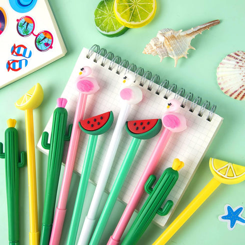 30Pcs Hawaiian Luau Ballpoint Pens, 0.5 mm Black Gel Ink Pen, Cute Flamingo Watermelon Cactus Lemon Fruit Pen for Kids Student and School Office S...