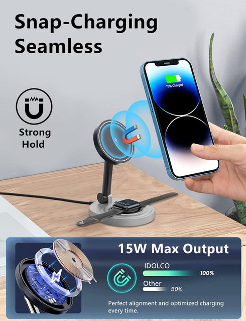 Magnetic Wireless Charger Stand for Mag-Safe Charger, Foldable 15W Fast Wireless Charging Station, 2-in-1 Charging Stand Dock for Apple iPhone 15/...