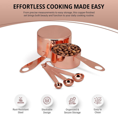 Copper Measuring Cups and Spoons Stainless Steel 9 pieces with 2 Rings...